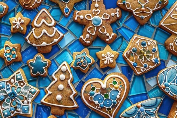 Gingerbread Cookies on Blue Tiles: Festive Design Assets