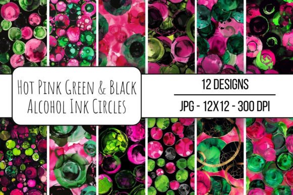 Hot Pink Green Black Alcohol Ink Digital Patterns