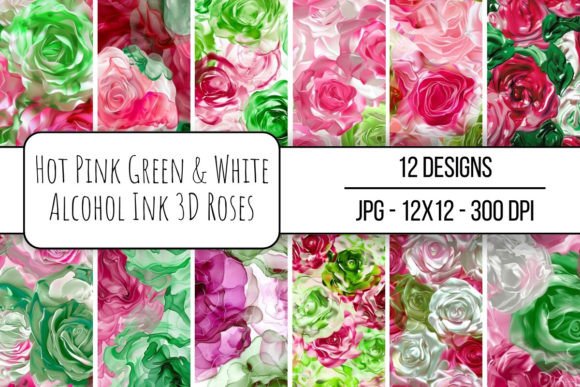 Hot Pink Green White Alcohol Ink Roses