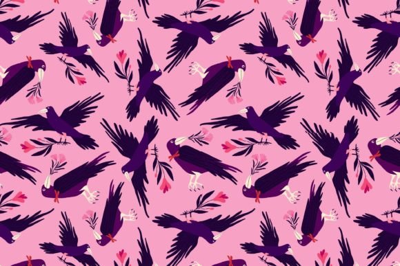 Pattern with Raven and Flowers