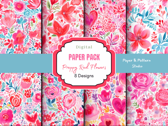 Preppy Red Flowers Digital Paper Pack
